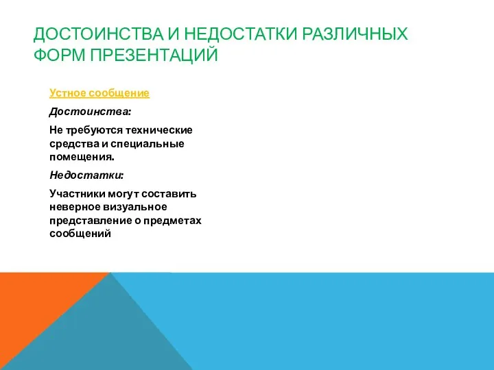 ДОСТОИНСТВА И НЕДОСТАТКИ РАЗЛИЧНЫХ ФОРМ ПРЕЗЕНТАЦИЙ Устное сообщение Достоинства: Не требуются технические