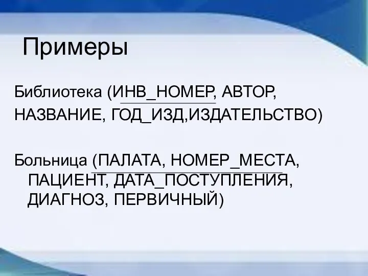 Примеры Библиотека (ИНВ_НОМЕР, АВТОР, НАЗВАНИЕ, ГОД_ИЗД,ИЗДАТЕЛЬСТВО) Больница (ПАЛАТА, НОМЕР_МЕСТА, ПАЦИЕНТ, ДАТА_ПОСТУПЛЕНИЯ, ДИАГНОЗ, ПЕРВИЧНЫЙ)