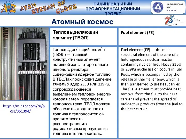 Атомный космос Тепловыделя́ющий элеме́нт (ТВЭЛ) — главный конструктивный элемент активной зоны гетерогенного