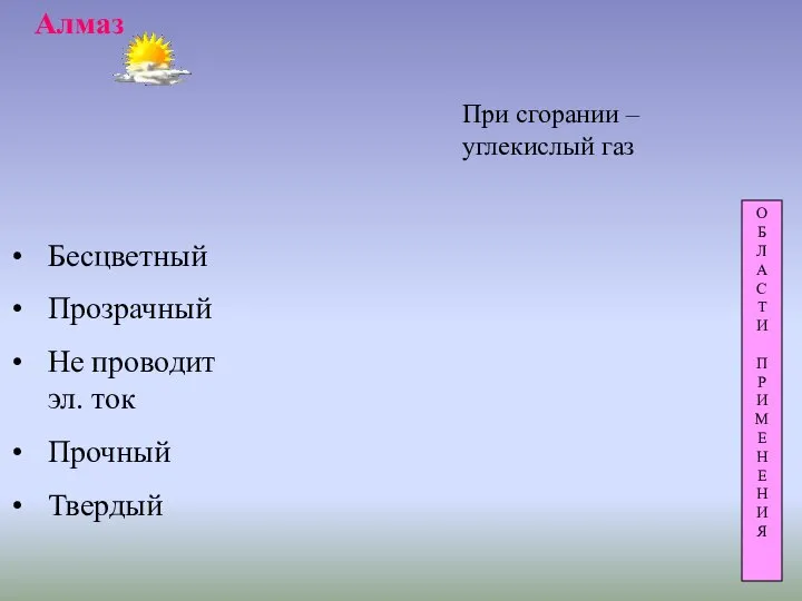 Алмаз Бесцветный Прозрачный Не проводит эл. ток Прочный Твердый При сгорании –