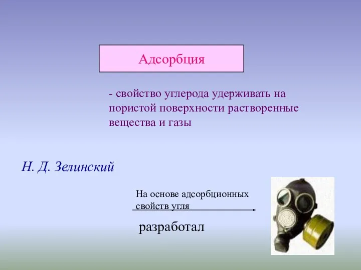 Адсорбция - свойство углерода удерживать на пористой поверхности растворенные вещества и газы