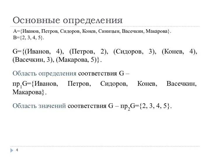 G={(Иванов, 4), (Петров, 2), (Сидоров, 3), (Конев, 4), (Васечкин, 3), (Макарова, 5)}.