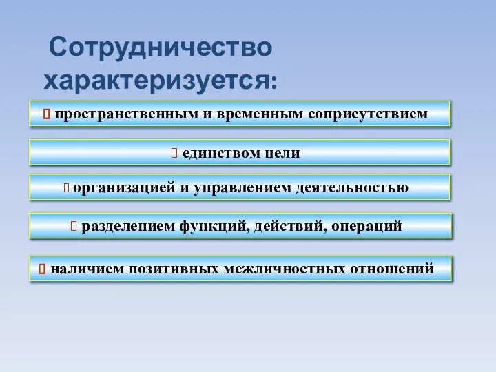 пространственным и временным соприсутствием организацией и управлением деятельностью разделением функций, действий, операций