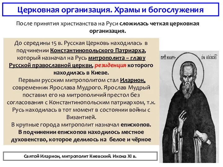 Церковная организация. Храмы и богослужения После принятия христианства на Руси сложилась четкая