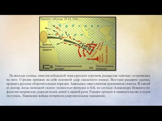 На восходе солнца, заметив небольшой отряд русских стрелков, рыцарская «свинья» устремилась на