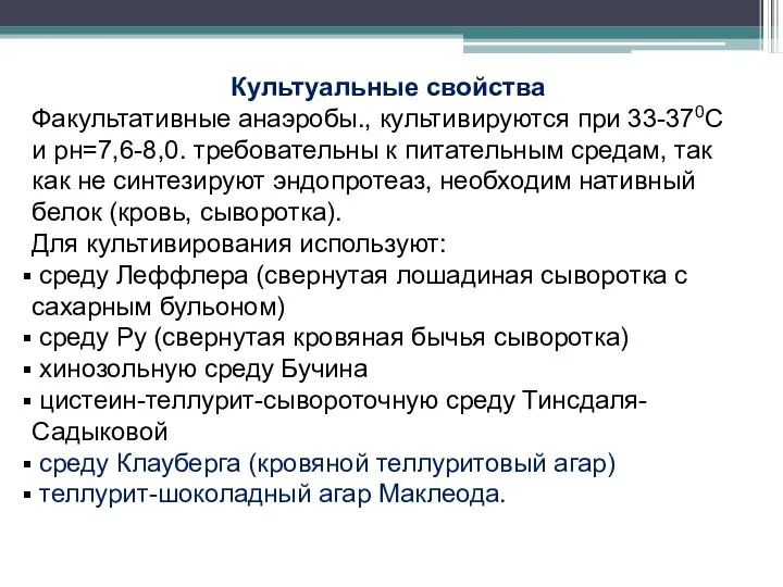 Культуальные свойства Факультативные анаэробы., культивируются при 33-370С и рн=7,6-8,0. требовательны к питательным