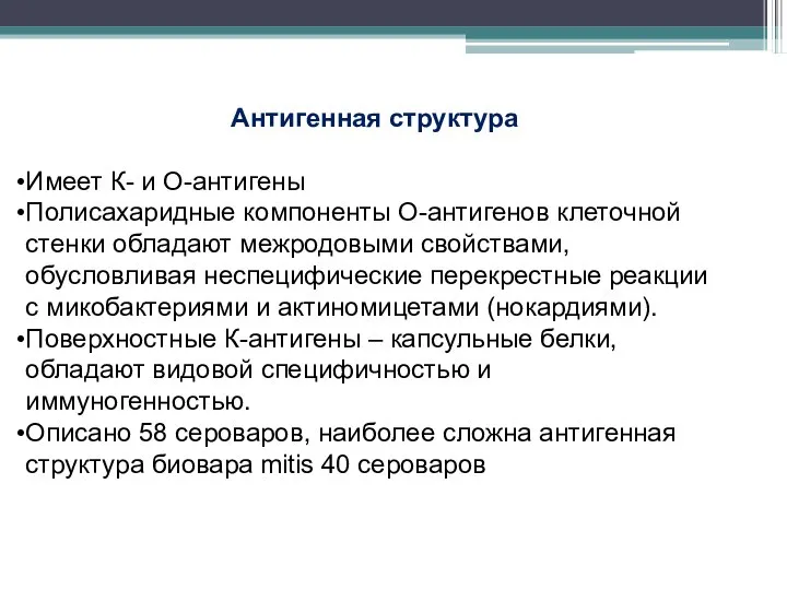 Антигенная структура Имеет К- и О-антигены Полисахаридные компоненты О-антигенов клеточной стенки обладают