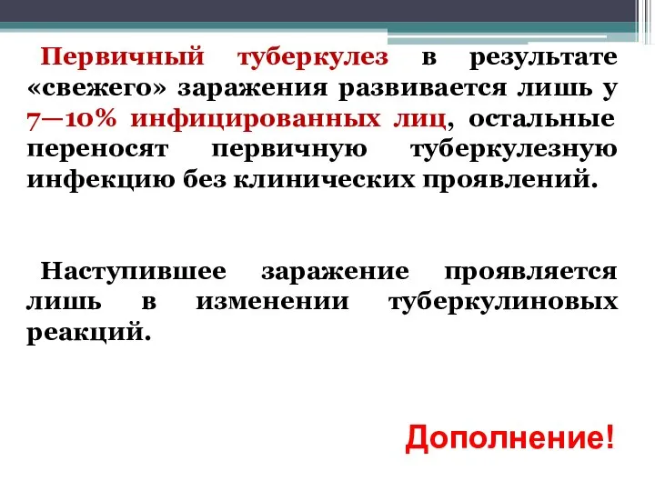 Первичный туберкулез в результате «свежего» заражения развивается лишь у 7—10% инфицированных лиц,