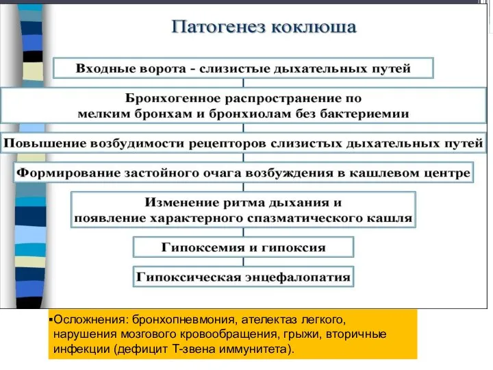 Осложнения: бронхопневмония, ателектаз легкого, нарушения мозгового кровообращения, грыжи, вторичные инфекции (дефицит Т-звена иммунитета).