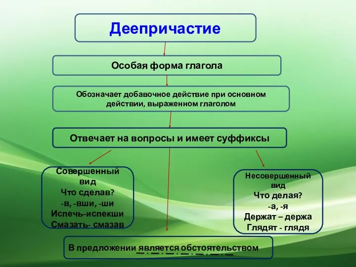 Деепричастие Особая форма глагола Обозначает добавочное действие при основном действии, выраженном глаголом