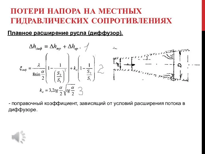 ПОТЕРИ НАПОРА НА МЕСТНЫХ ГИДРАВЛИЧЕСКИХ СОПРОТИВЛЕНИЯХ Плавное расширение русла (диффузор). - поправочный