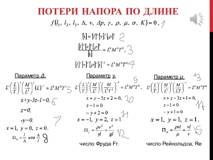 ПОТЕРИ НАПОРА ПО ДЛИНЕ Параметр Δ. Параметр у. Параметр μ. число Фруда Fr. число Рейнольдса, Re