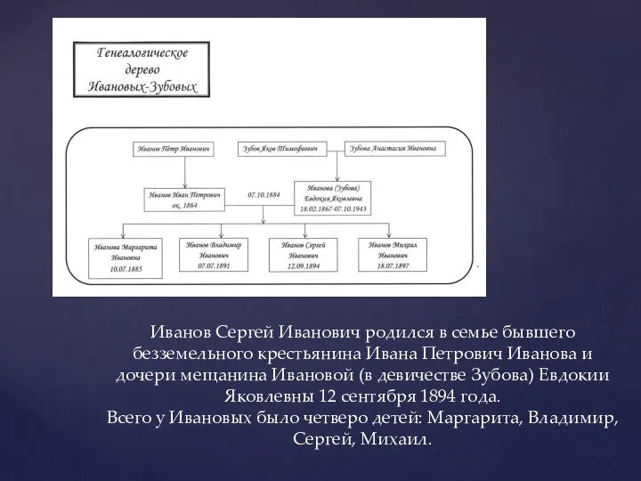 Иванов Сергей Иванович родился в семье бывшего безземельного крестьянина Ивана Петрович Иванова