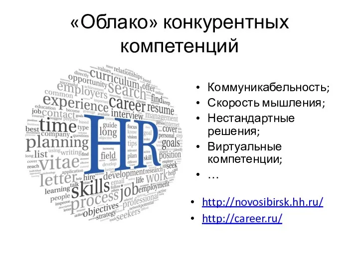 «Облако» конкурентных компетенций http://novosibirsk.hh.ru/ http://career.ru/ Коммуникабельность; Скорость мышления; Нестандартные решения; Виртуальные компетенции; …