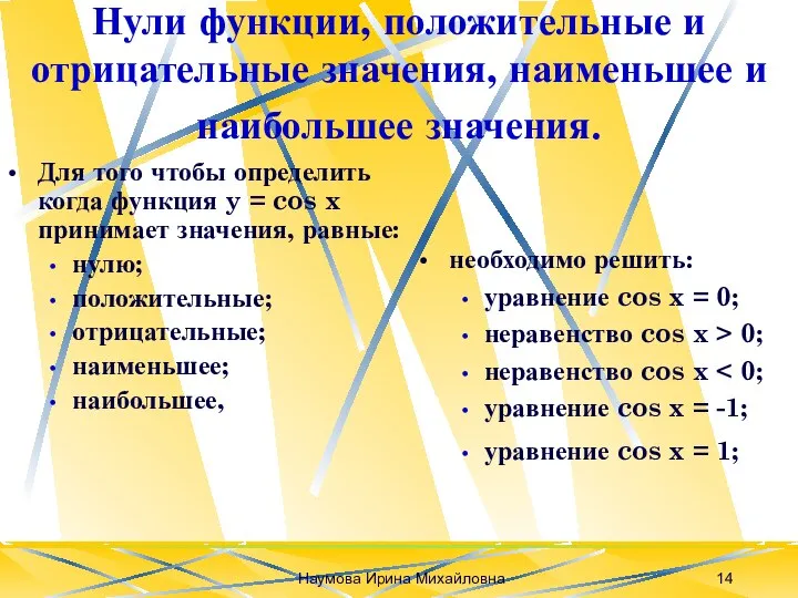 Наумова Ирина Михайловна Нули функции, положительные и отрицательные значения, наименьшее и наибольшее