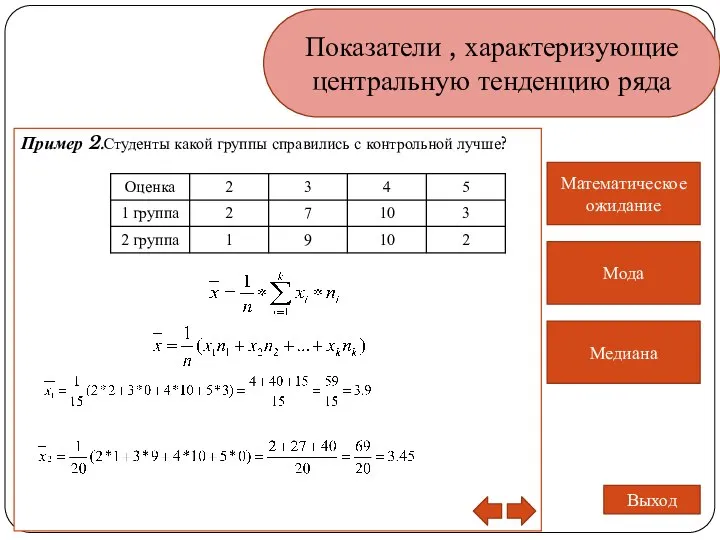 Показатели , характеризующие центральную тенденцию ряда Математическое ожидание Мода Медиана Выход Пример