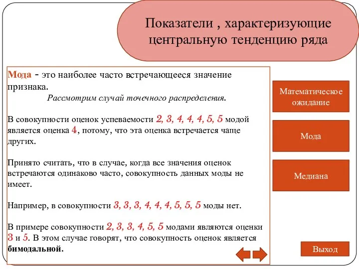 Показатели , характеризующие центральную тенденцию ряда Медиана Математическое ожидание Мода Выход Мода