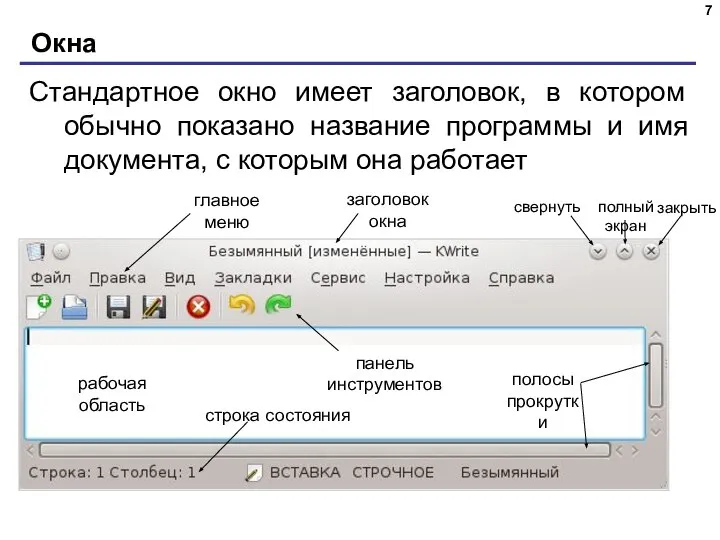 Окна Стандартное окно имеет заголовок, в котором обычно показано название программы и