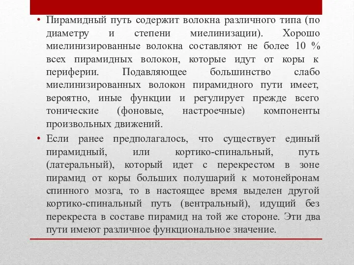 Пирамидный путь содержит волокна различного типа (по диаметру и степени миелинизации). Хорошо