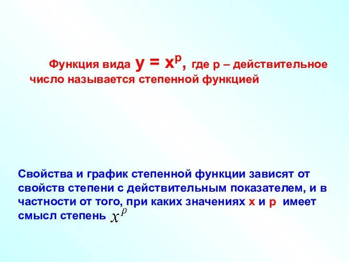 Функция вида у = хр, где р – действительное число называется степенной