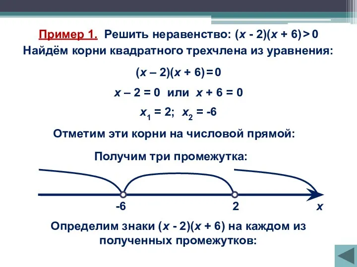 Пример 1. Решить неравенство: (х - 2)(х + 6) > 0 Найдём