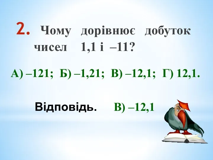 Чому дорівнює добуток чисел 1,1 і –11? А) –121; Б) –1,21; В)