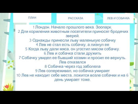 ПЛАН РАССКАЗА ЛЕВ И СОБАЧКА 1 Лондон. Начало прошлого века. Зоопарк. 2