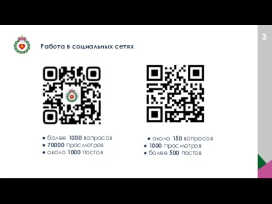 Работа в социальных сетях ● около 150 вопросов 1000 просмотров более 500