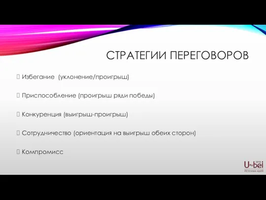 СТРАТЕГИИ ПЕРЕГОВОРОВ Избегание (уклонение/проигрыш) Приспособление (проигрыш ряди победы) Конкуренция (выигрыш-проигрыш) Сотрудничество (ориентация