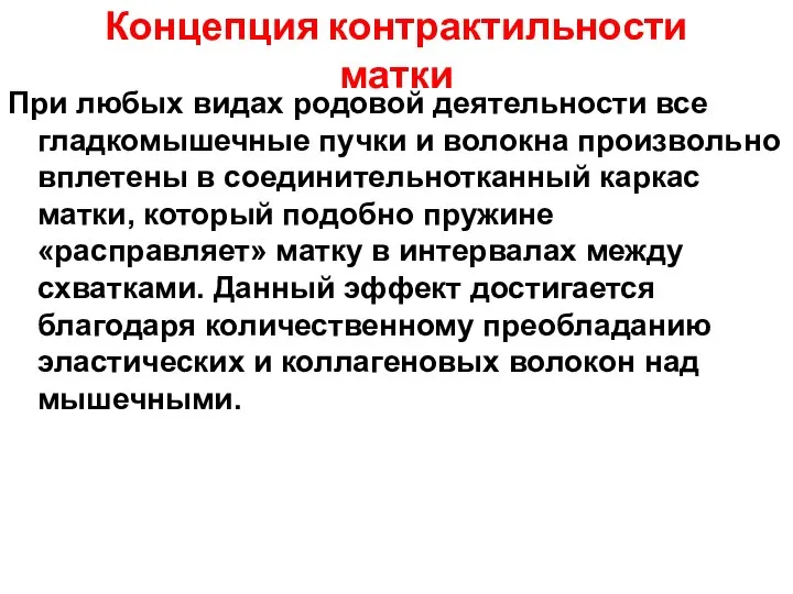 Концепция контрактильности матки При любых видах родовой деятельности все гладкомышечные пучки и