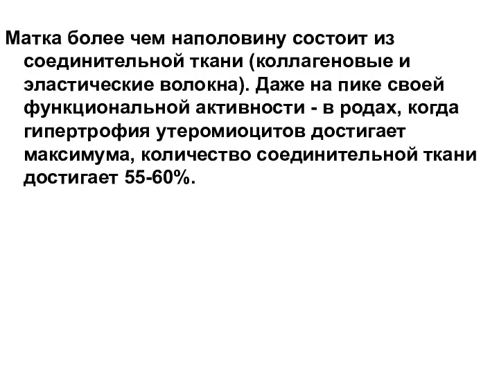 Матка более чем наполовину состоит из соединительной ткани (коллагеновые и эластические волокна).