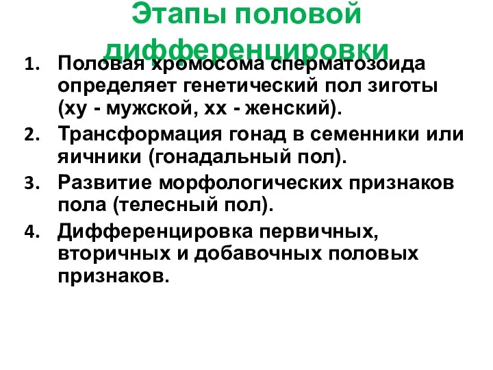 Этапы половой дифференцировки Половая хромосома сперматозоида определяет генетический пол зиготы (xy -