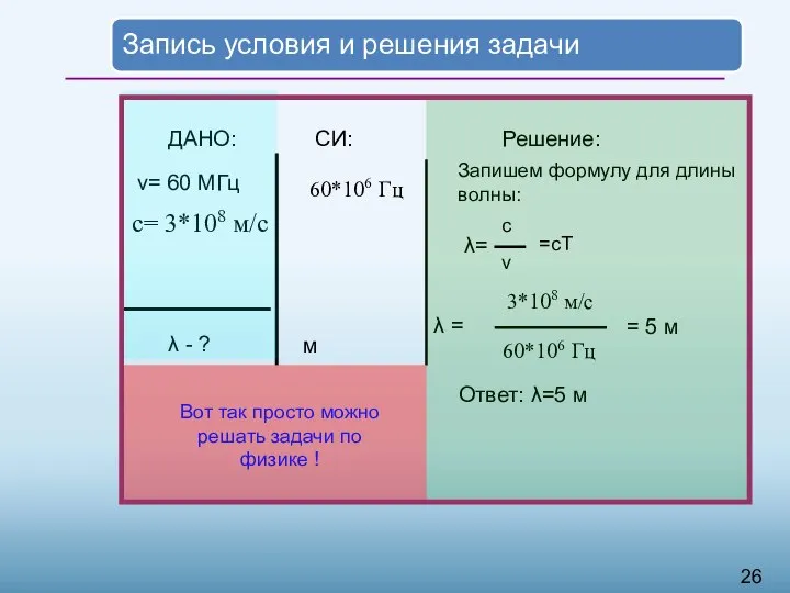 ДАНО: ν= 60 МГц с= 3*108 м/c λ - ? СИ: м