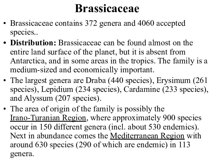 Brassicaceae Brassicaceae contains 372 genera and 4060 accepted species.. Distribution: Brassicaceae can