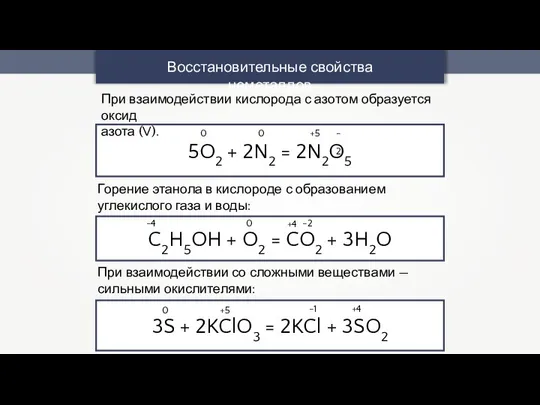 Восстановительные свойства неметаллов 5O2 + 2N2 = 2N2O5 При взаимодействии кислорода с