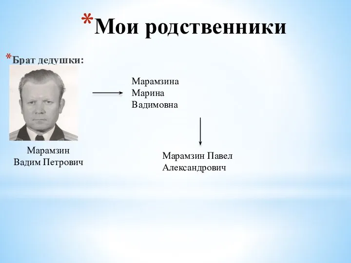 Мои родственники Брат дедушки: Марамзин Вадим Петрович Марамзина Марина Вадимовна Марамзин Павел Александрович