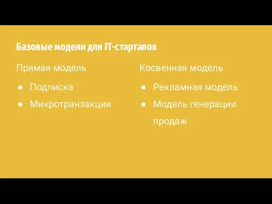 Базовые модели для IT-стартапов Прямая модель Подписка Микротранзакции Косвенная модель Рекламная модель Модель генерации продаж