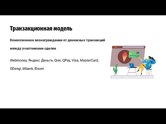 Транзакционная модель Комиссионное вознаграждении от денежных транзакций между участниками сделки Webmoney, Яндекс