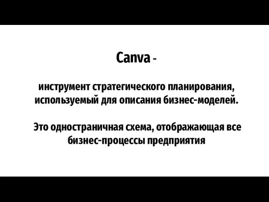 Canva - инструмент стратегического планирования, используемый для описания бизнес-моделей. Это одностраничная схема, отображающая все бизнес-процессы предприятия