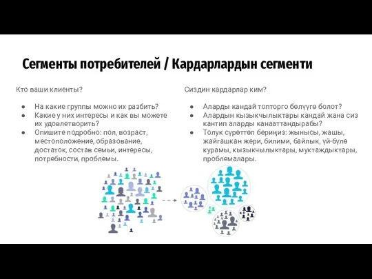 Сегменты потребителей / Кардарлардын сегменти Кто ваши клиенты? На какие группы можно