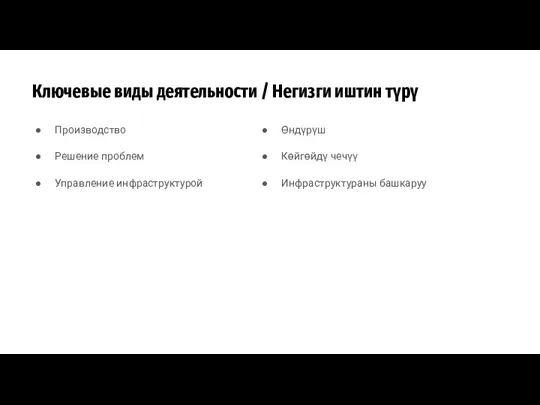 Ключевые виды деятельности / Негизги иштин түрү Производство Решение проблем Управление инфраструктурой