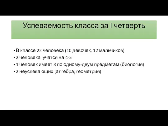 Успеваемость класса за I четверть В классе 22 человека (10 девочек, 12