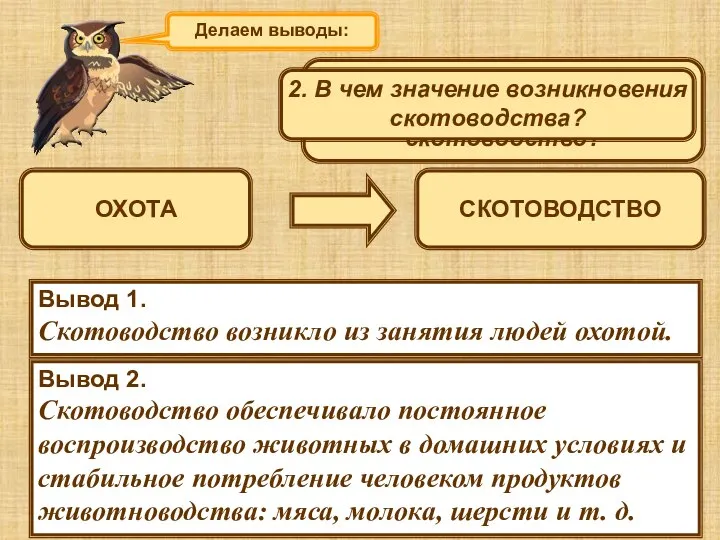 ОХОТА СКОТОВОДСТВО Вывод 1. Скотоводство возникло из занятия людей охотой. Вывод 2.