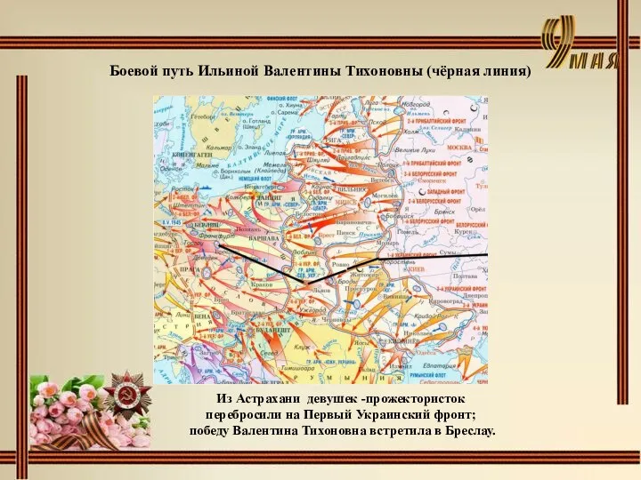 Боевой путь Ильиной Валентины Тихоновны (чёрная линия) Из Астрахани девушек -прожектористок перебросили