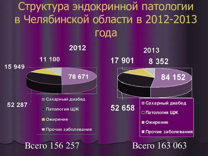 Структура эндокринной патологии в Челябинской области в 2012-2013 года Всего 156 257 Всего 163 063
