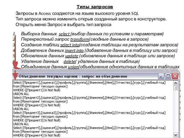 Типы запросов Запросы в Access создаются на языке высокого уровня SQL Тип
