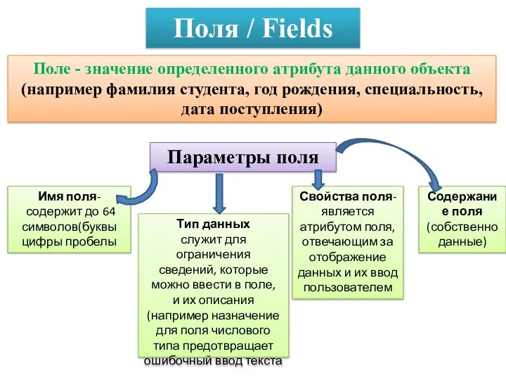 Поля / Fields Поле - значение определенного атрибута данного объекта (например фамилия