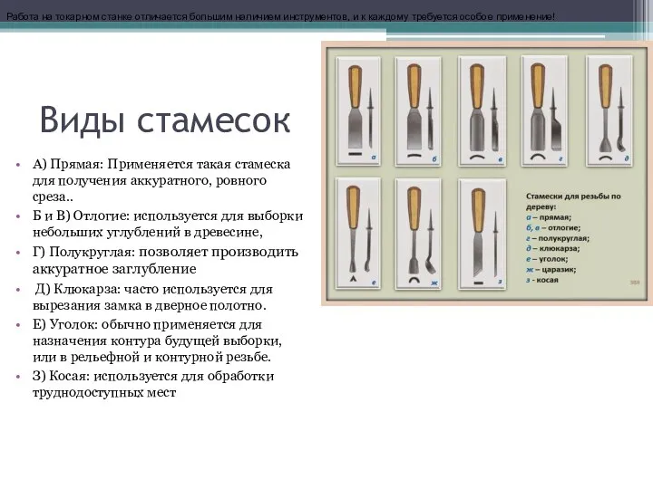 Виды стамесок А) Прямая: Применяется такая стамеска для получения аккуратного, ровного среза..