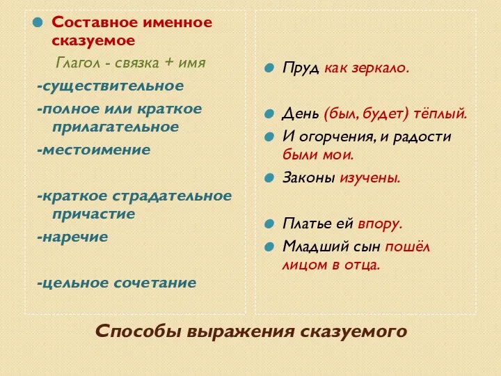 Способы выражения сказуемого Составное именное сказуемое Глагол - связка + имя -существительное