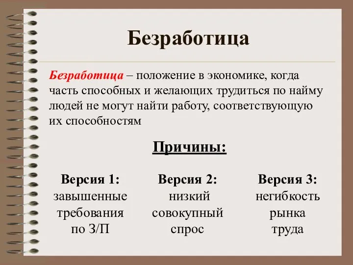 Безработица Безработица – положение в экономике, когда часть способных и желающих трудиться